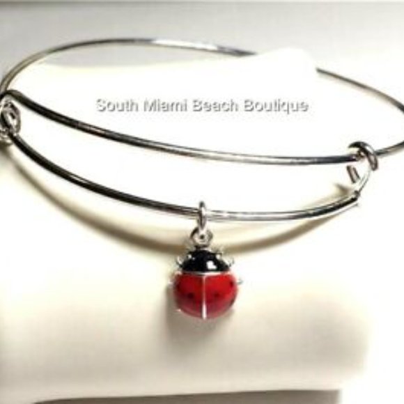 Ladybug Charm Bracelet Lady Bug Red Enamel Wire Adjustable Silver Plated - Picture 2 of 10